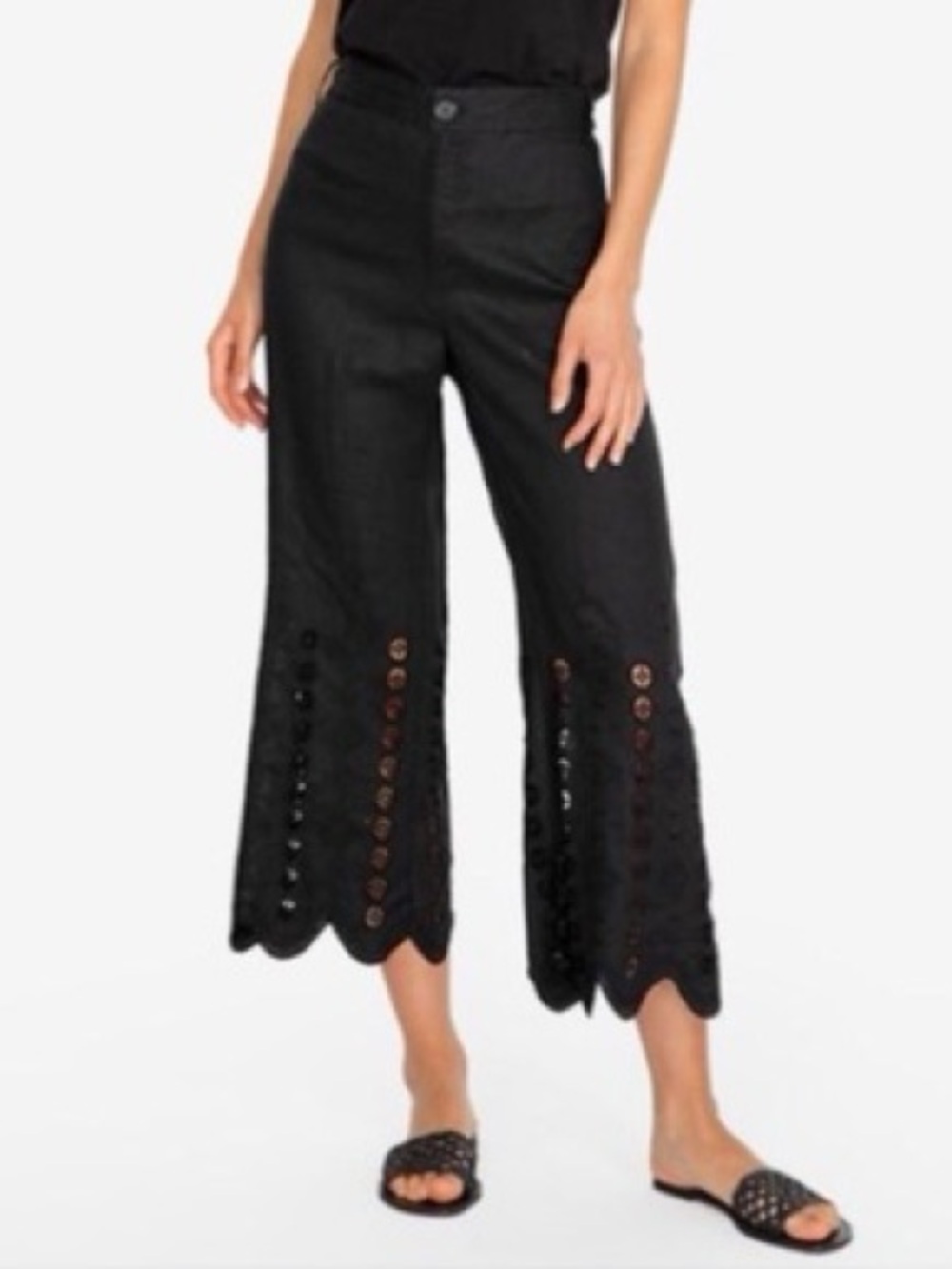 JADE by JOHNNY WAS Reina Embroidered 100% Linen Cropped Pants in Black